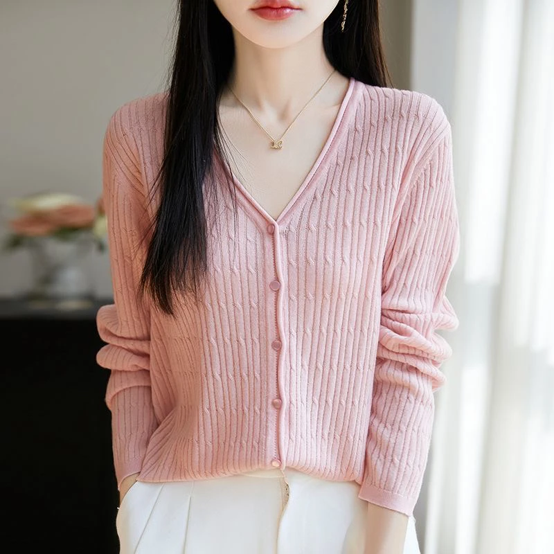 2025秋季新款优雅花边休闲V领针织外套女韩系薄款超显瘦打底开衫