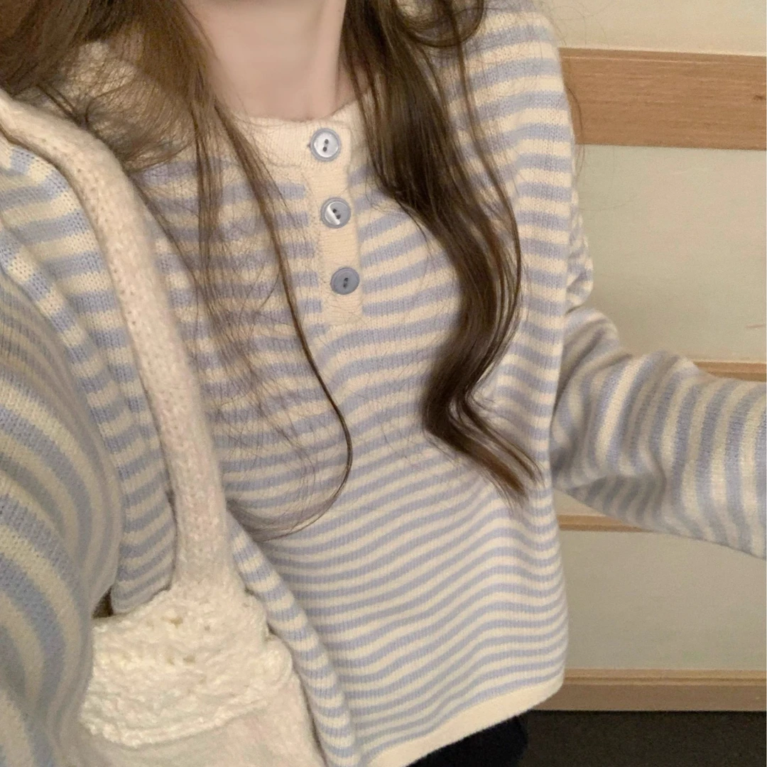 喜欢的奶蓝条~针织毛衣针织宽松圆领条纹女长袖百搭显瘦毛针织衫