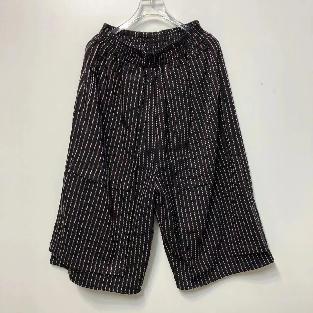 G3072休闲宽松红色条纹七分直筒休闲裤