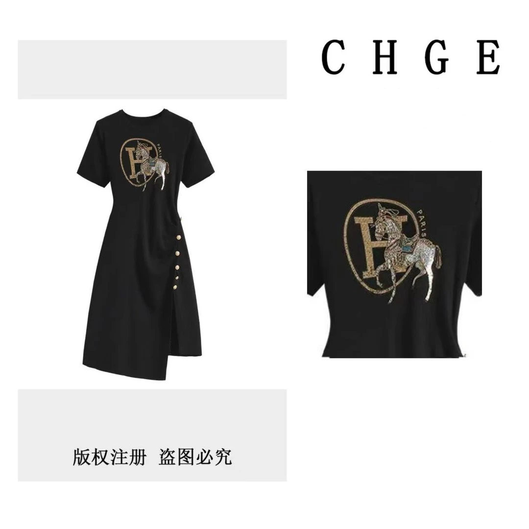 【高奢出口转内销】设计师黑色烫钻长裙