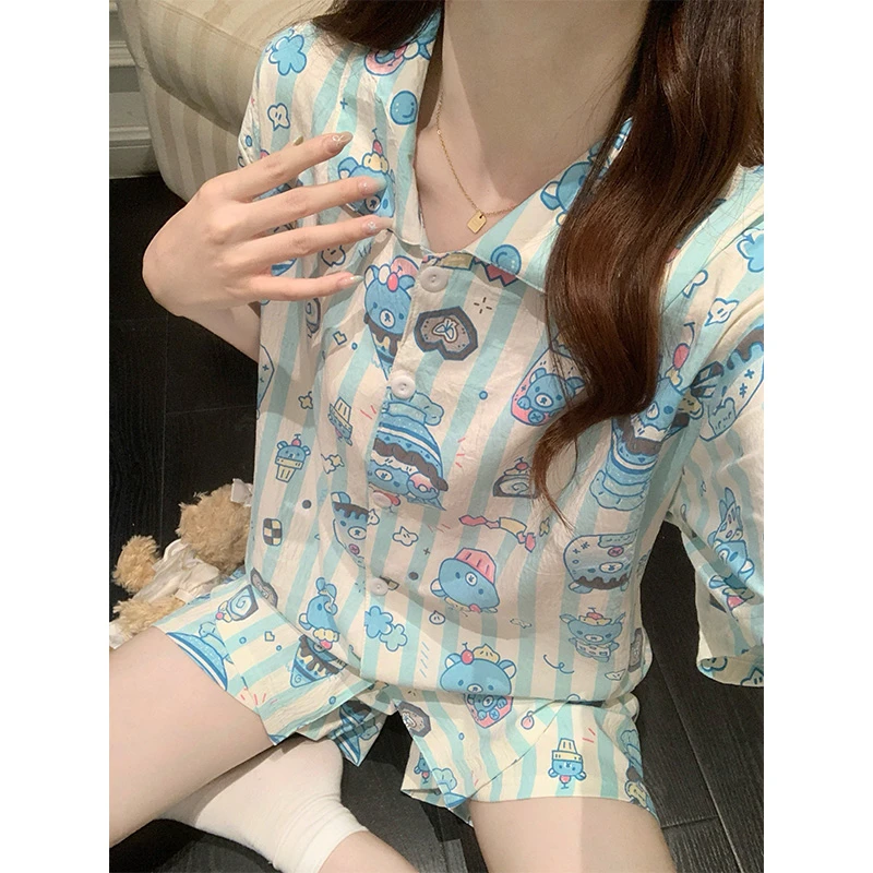 可爱条纹熊条纹女大学生睡衣夏季天新款短袖短裤家居服套装