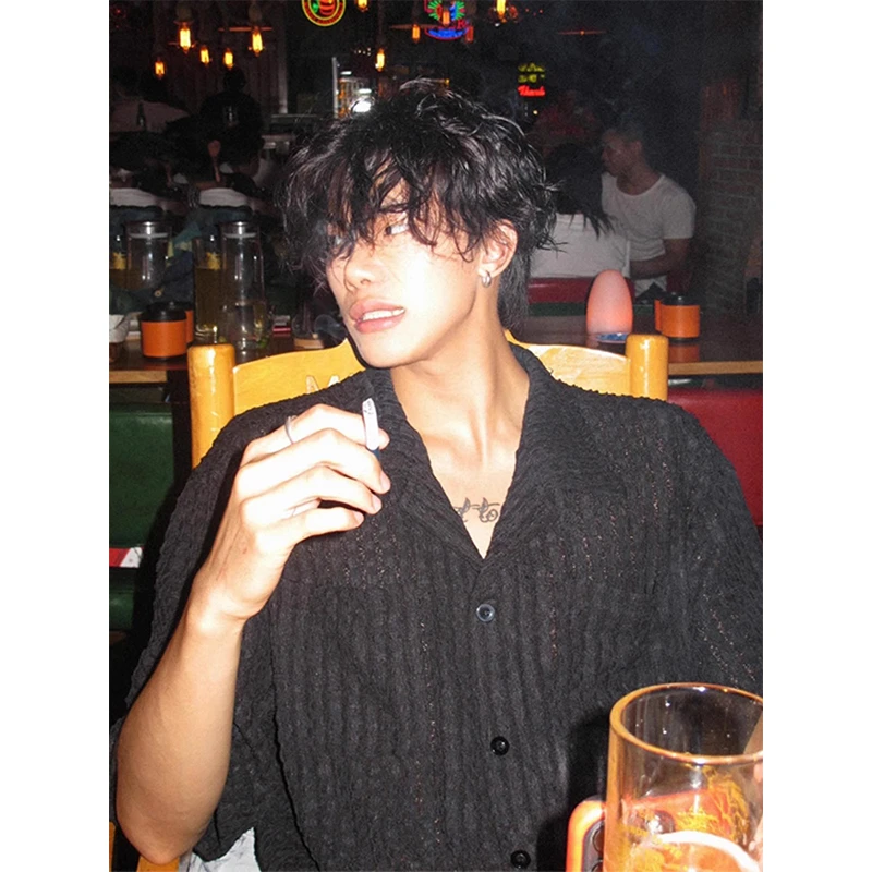 黑色镂空短袖冰丝针织衫男款夏季古巴领衬衫cleanfit宽松休闲衬衣