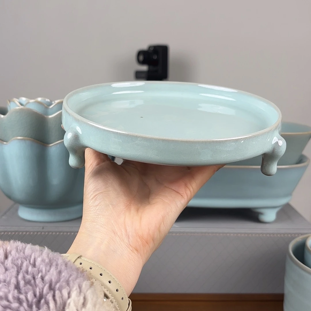 摆件天青釉大号三足洗微瑕