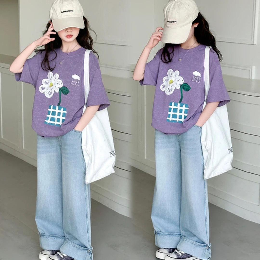 女童夏季2025中大童好看洋气休闲女孩时髦花朵短袖薄款牛仔裤套装