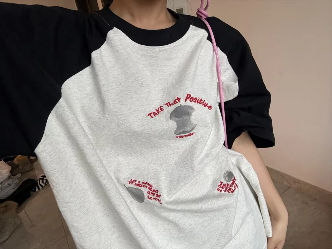 插肩袖宽松短袖大版T恤 图案喜欢