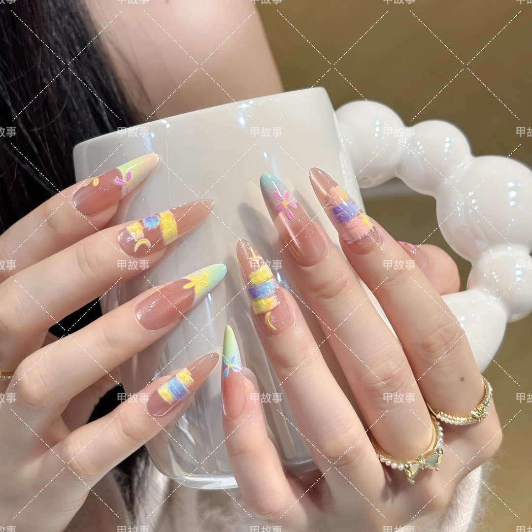 甜美温柔气质莫奈油画花园美甲穿戴甲水光感猫眼可拆卸 584