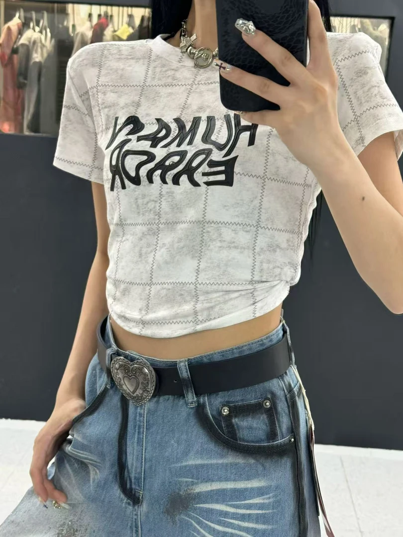 美式晕染字母印花短袖T恤女夏季新款露背抽绳修身显瘦短款ins上衣