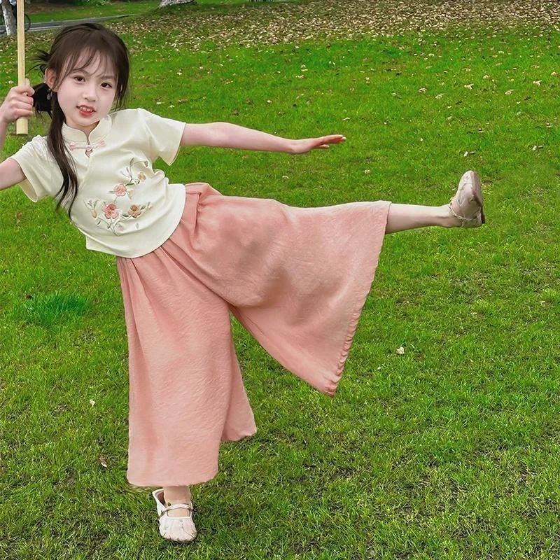 女童新中式夏季国风套装2025新款儿童中大童洋气盘扣短袖T恤裙裤~