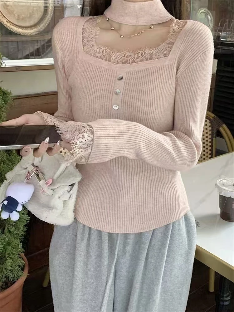 1091大码针织拼接长袖千金风方领毛针织衫春季包袖服装版型