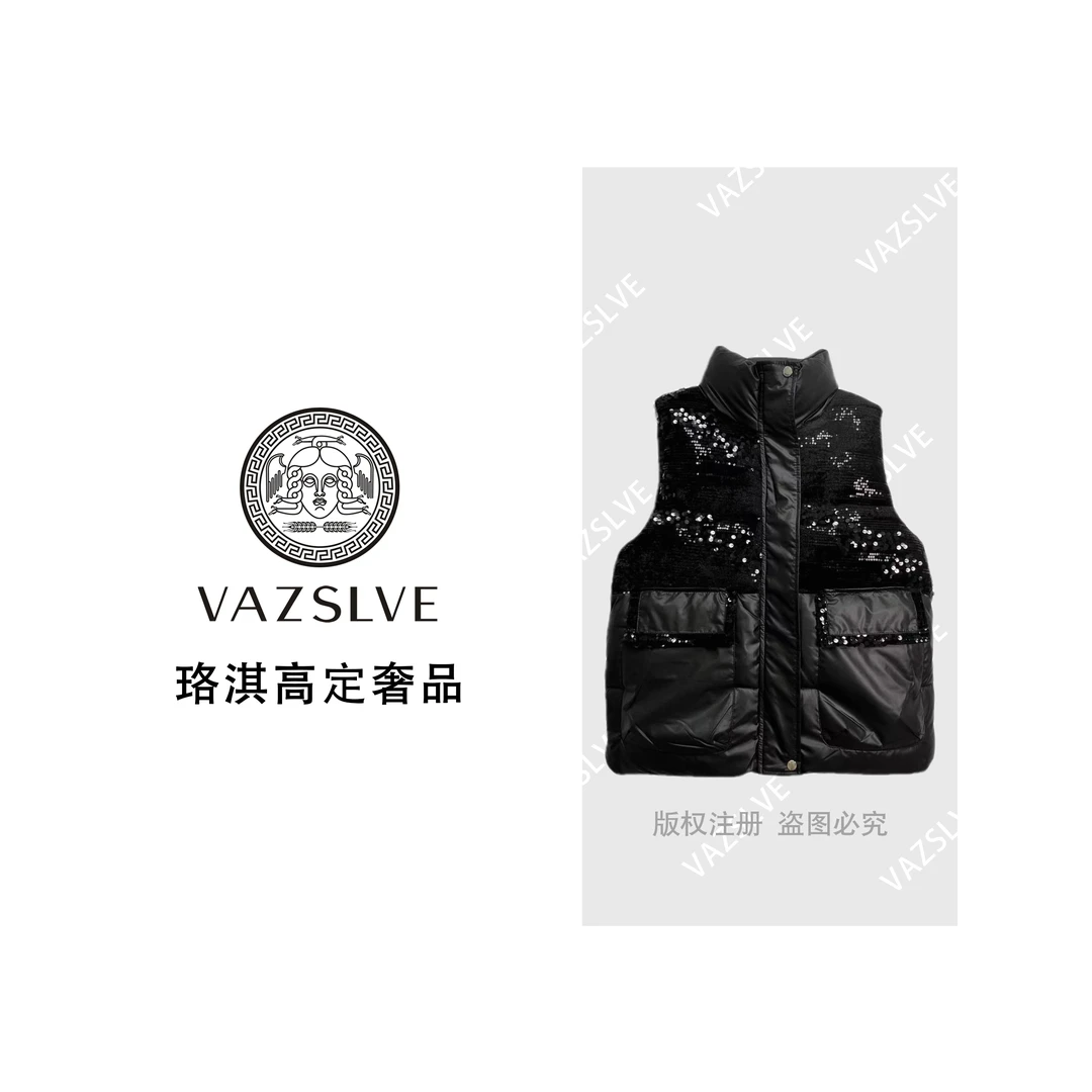 【VAZSLVE/珞淇高定】欧版亮片拼接马甲秋冬保暖外穿马夹时尚Y8536