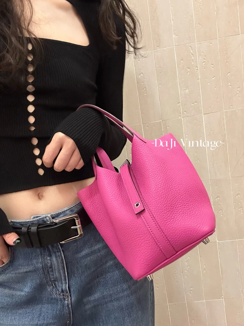 95新 Hermes/爱马仕 大吉中古/sh/爱马仕粉色18银扣菜篮子手提包