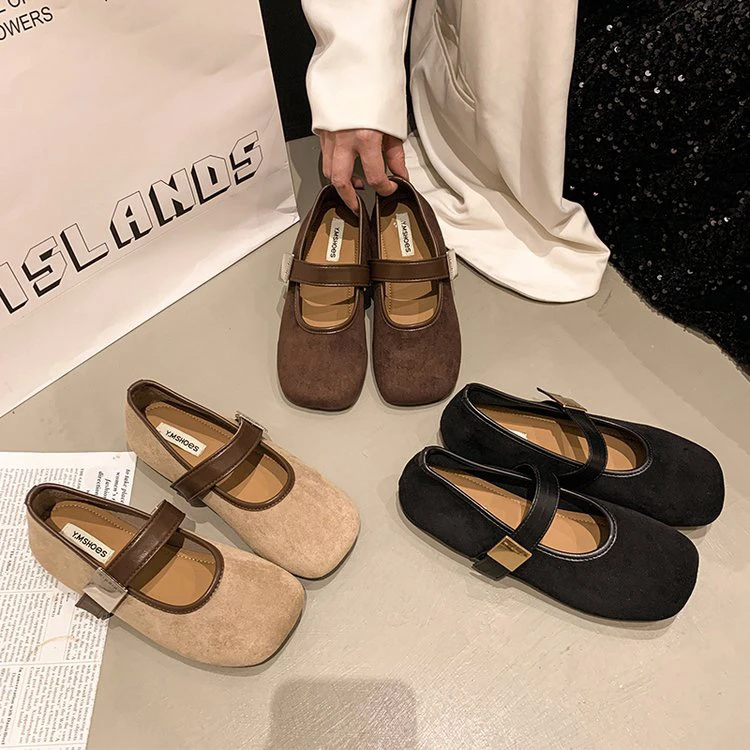 复古玛丽珍鞋2025新款韩系气质优雅绒面金属扣圆头显瘦软底芭蕾鞋