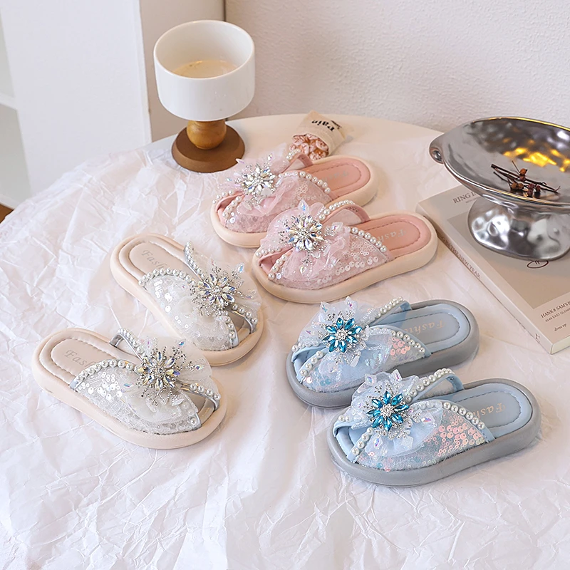 女童拖鞋2025夏季新款爱莎水晶鞋洋气鱼嘴公主软底防滑一字拖G11