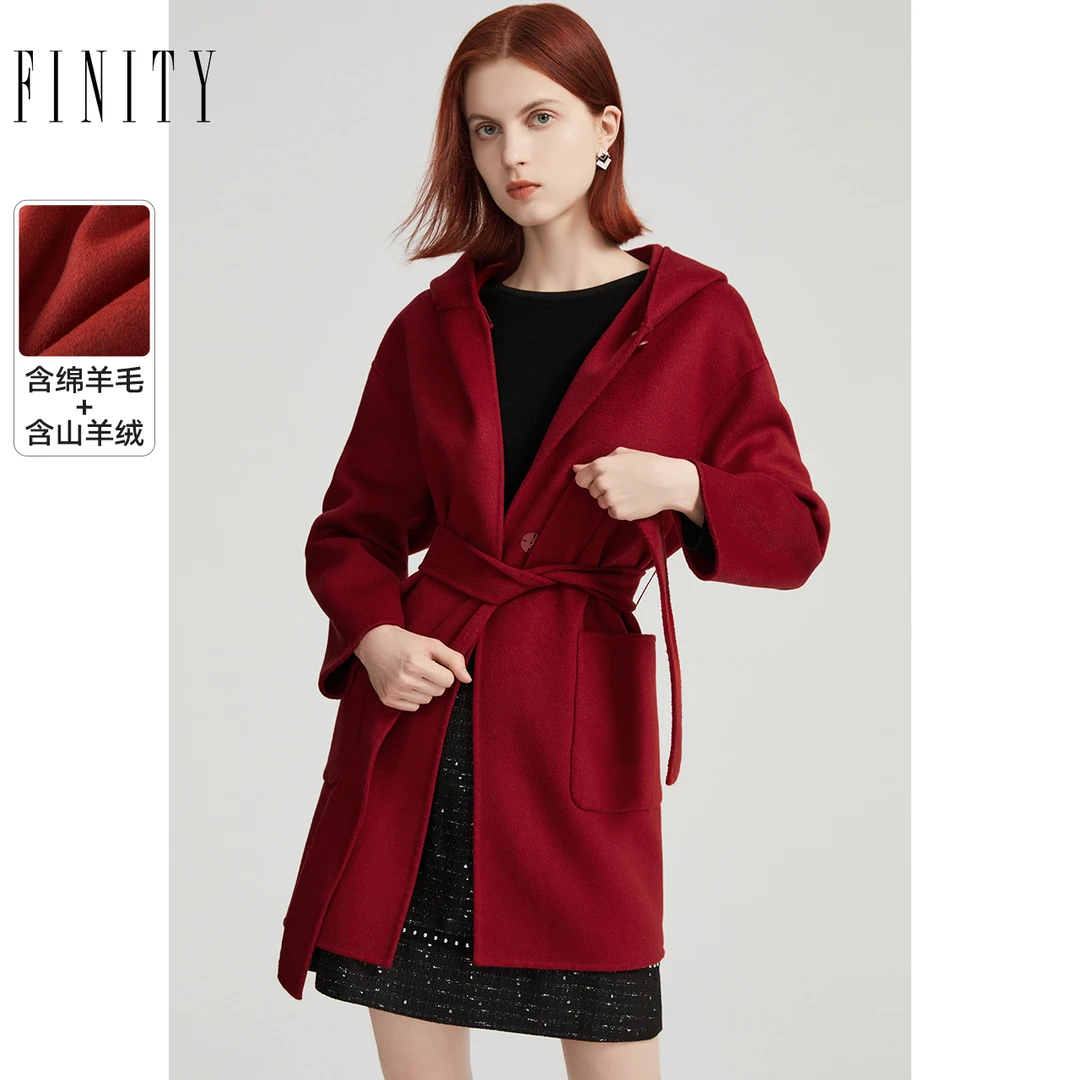 【专属】FINITY 新款毛呢大衣保暖连帽休闲系带保暖外套 F20UD6151D