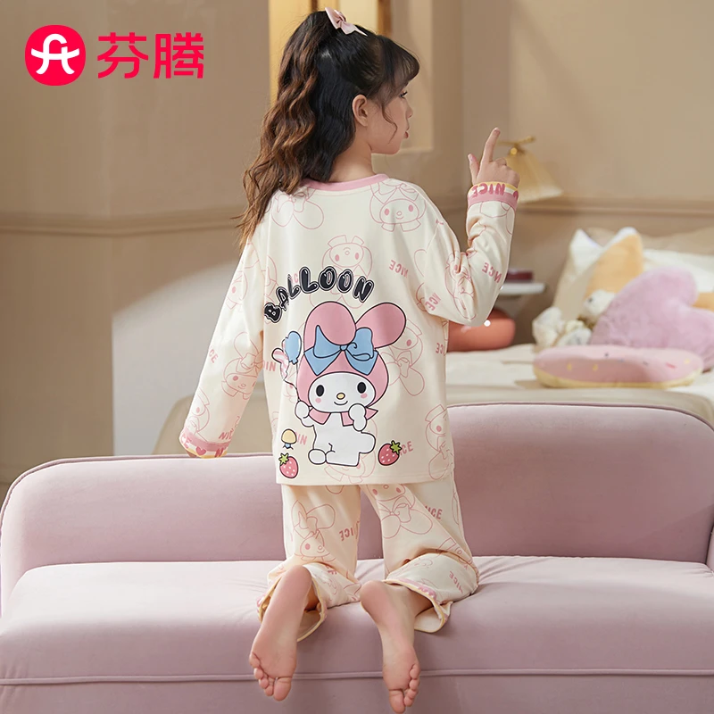 芬腾儿童睡衣女孩纯棉2025春秋新款中大童女童圆领卡通家居服套装