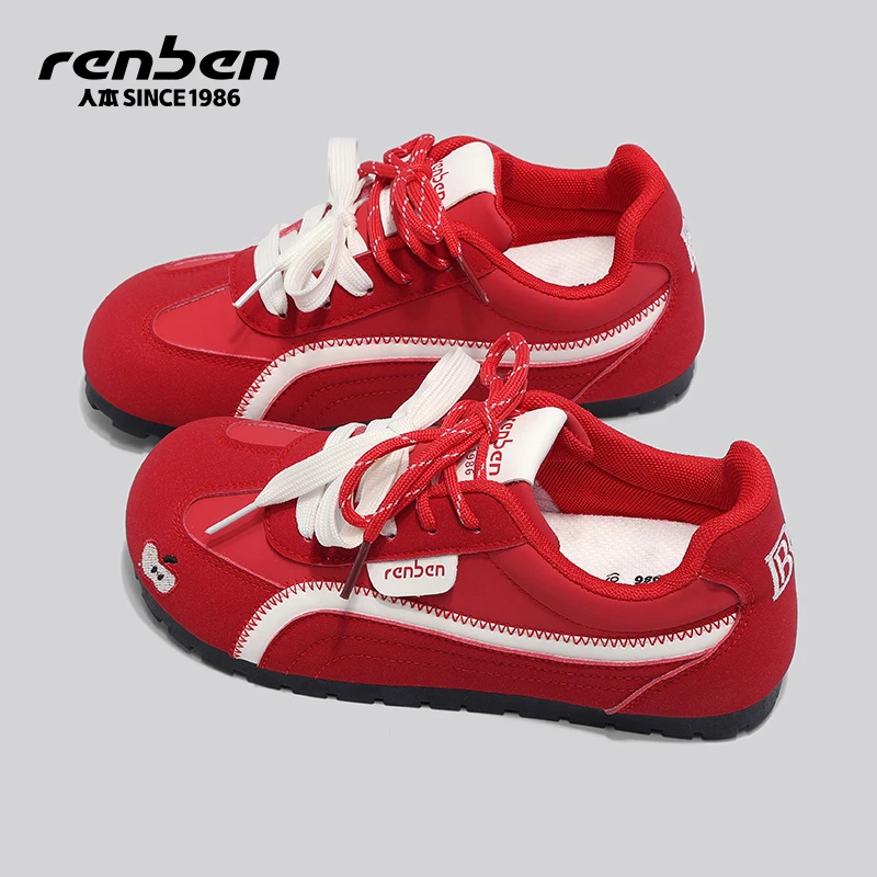 人本4CM内增高德训鞋软底2025时尚休闲鞋ins经典复古百千红色鞋子
