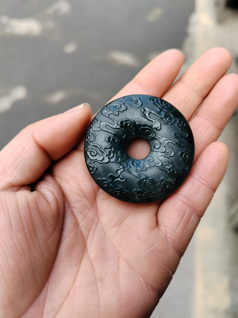 和田玉青玉平安扣双面祥云挂件