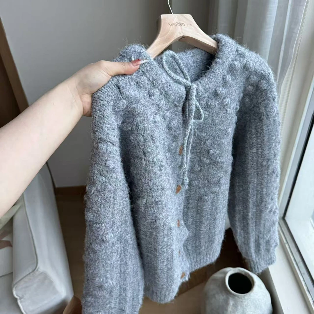 小文姐 W0994-冬季韩系设计感系带毛衣女慵懒加厚软糯针织开衫