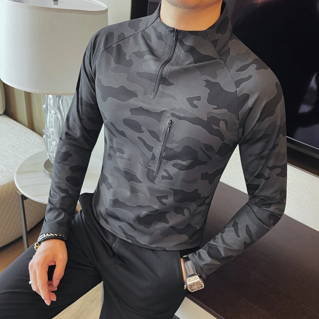 鲨鱼皮男士迷彩长袖t恤2025新款速干骑行运动服半高领拉链打底衫