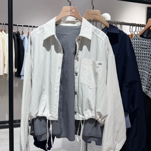 836短款翻领衬衫简约假两件设计感百搭上衣春季外套8826