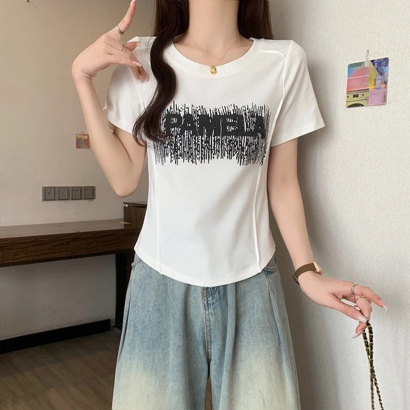夏装新款印花辣妹短袖T恤女微胖mm大码显瘦上衣ins百搭体恤遮肚子
