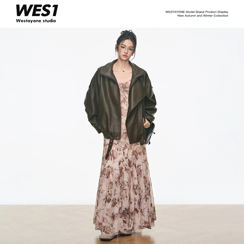 【9.6新品1】 WESTAYONE设计高级感皮衣外套女黑色棕色+连衣裙两件