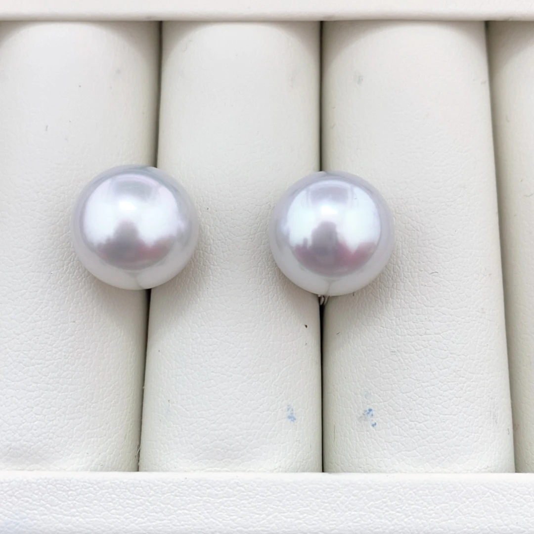 海水珍珠耳钉18K金镶嵌13-14 澳白 甜