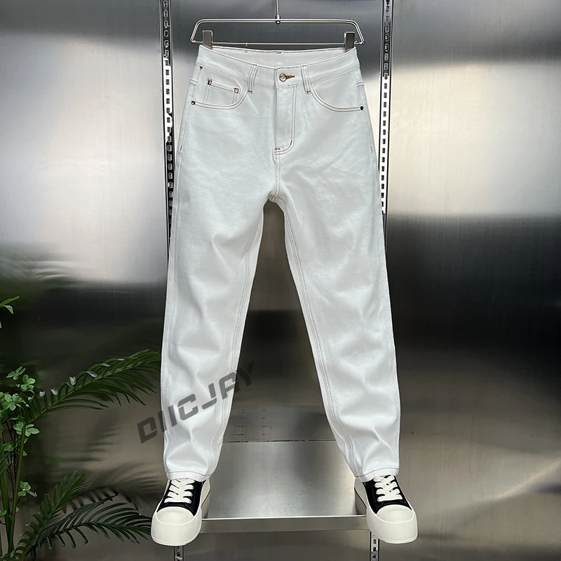 【高端】秋季轻奢男款微弹长裤白色潮流牛仔裤韩版时尚休闲修身百搭