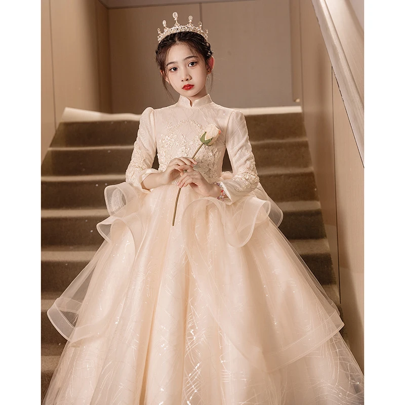 女童礼服主持人秋冬季花童女孩生日公主裙儿童钢琴演奏加绒演出服