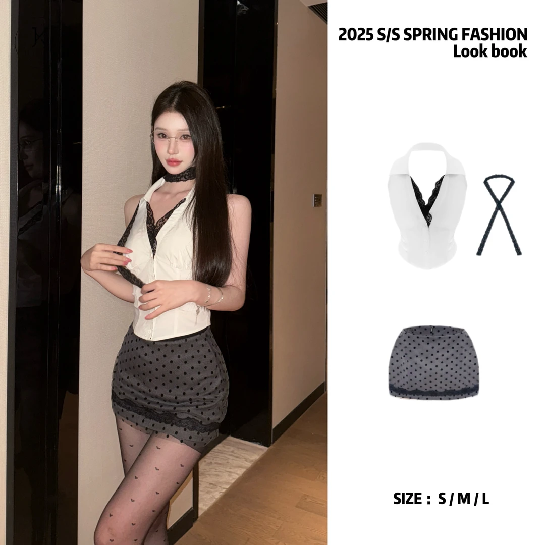 JOY KIKI金金【涩谷辣妹】蕾丝吊带挂脖性感修身显瘦套装J25A340