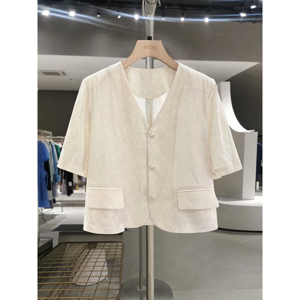 法国米色女士短上衣夏季新时尚百搭短袖时尚短上衣适合小个