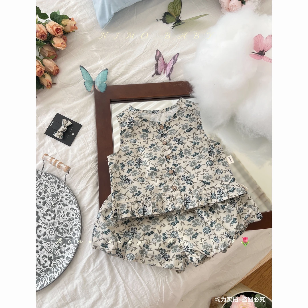 NEMO【春山图】韩版夏款女宝宝满印碎花砍袖背心纯棉经典百搭款套装