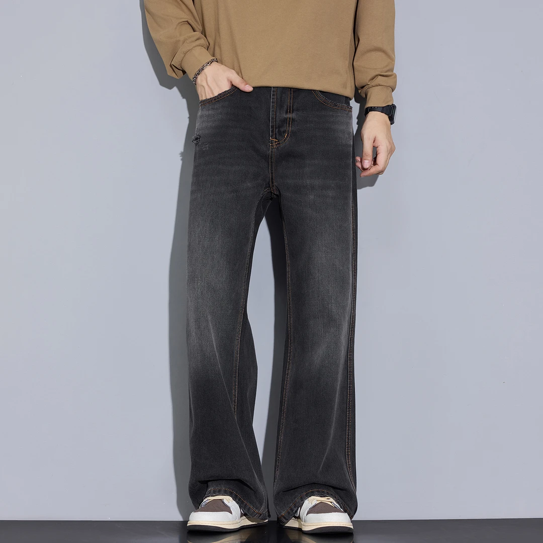 Kuvine2025秋冬美式复古潮流宽松直筒百搭水洗磨边微喇男士牛仔裤