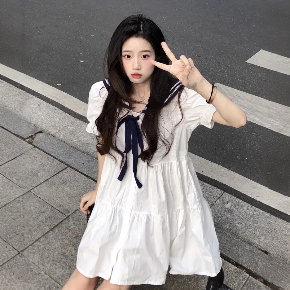 孕妇装连衣裙女夏季甜美海军领宽松法式学院风短袖孕妇裙子女夏装