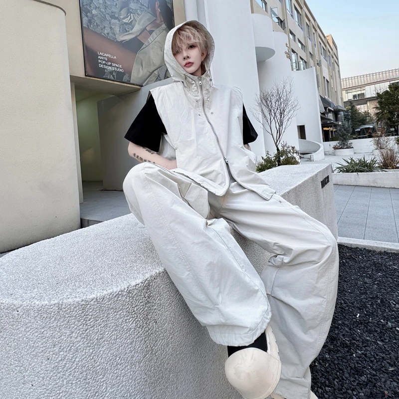 夏季美式高街小众铆钉连帽马甲套装男无袖背心阔腿休闲长裤两件套