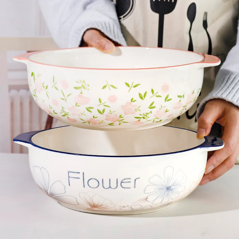 【10.5英寸双耳汤锅2只装】高颜值兰棕大花釉下彩陶瓷大汤盆家用