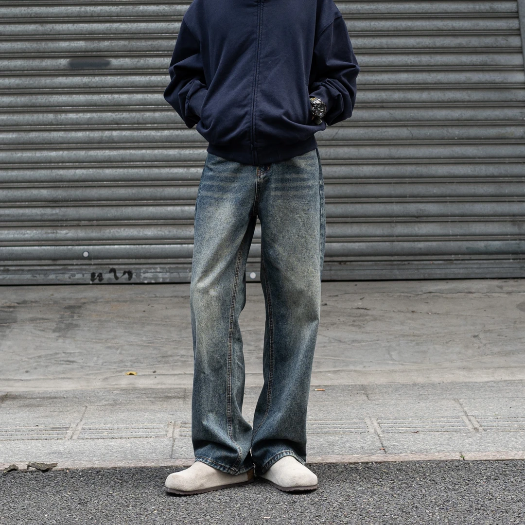 LIGGICC直筒拖地男女同款vibe休闲宽松牛仔裤扎染褶皱猫须复古潮