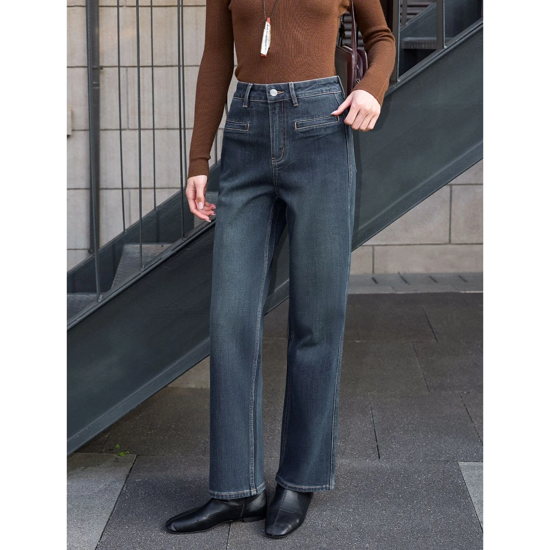 CKOUCCOO/扣蔻竹纤维法式复古牛仔裤2025新款高腰弹力显瘦直筒裤