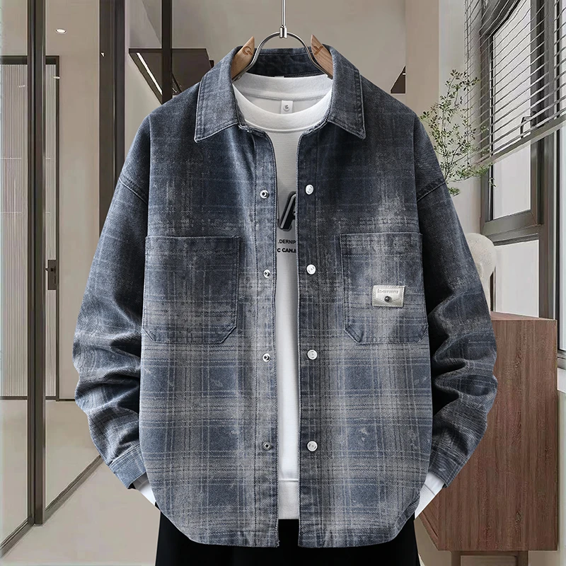 青少年美式休闲长袖开衫上衣翻领外套春秋新款男宽松潮流格子夹克