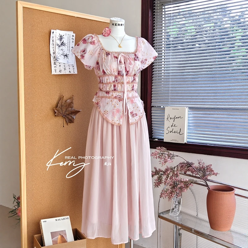 Kerry 油画少女 重工蕾丝花边刺绣法式复古宫廷上衣纱裙半裙套装