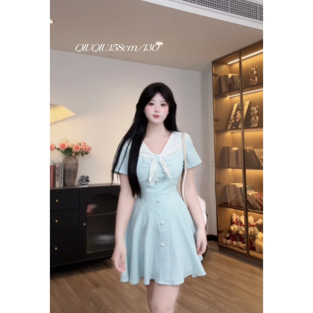 【晴空蝶语】9780 胖mm夏季新款清新甜美风连衣裙大码收腰A字裙