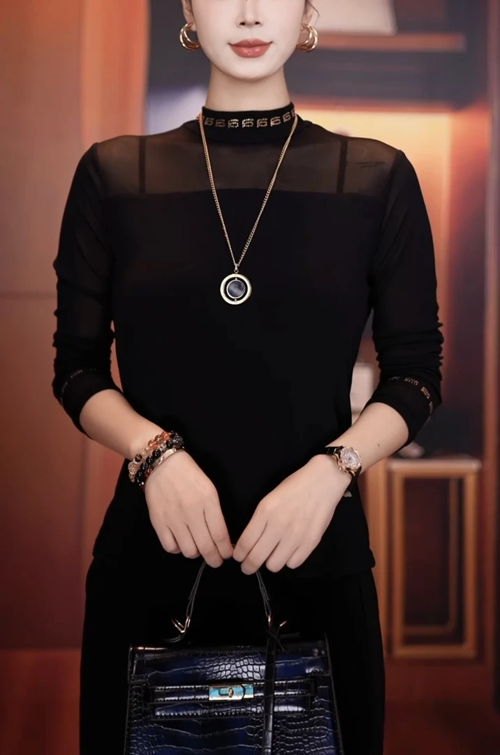 时尚潮流长袖T恤女内搭妈妈装显瘦外穿百搭圆领网纱中老年装1694