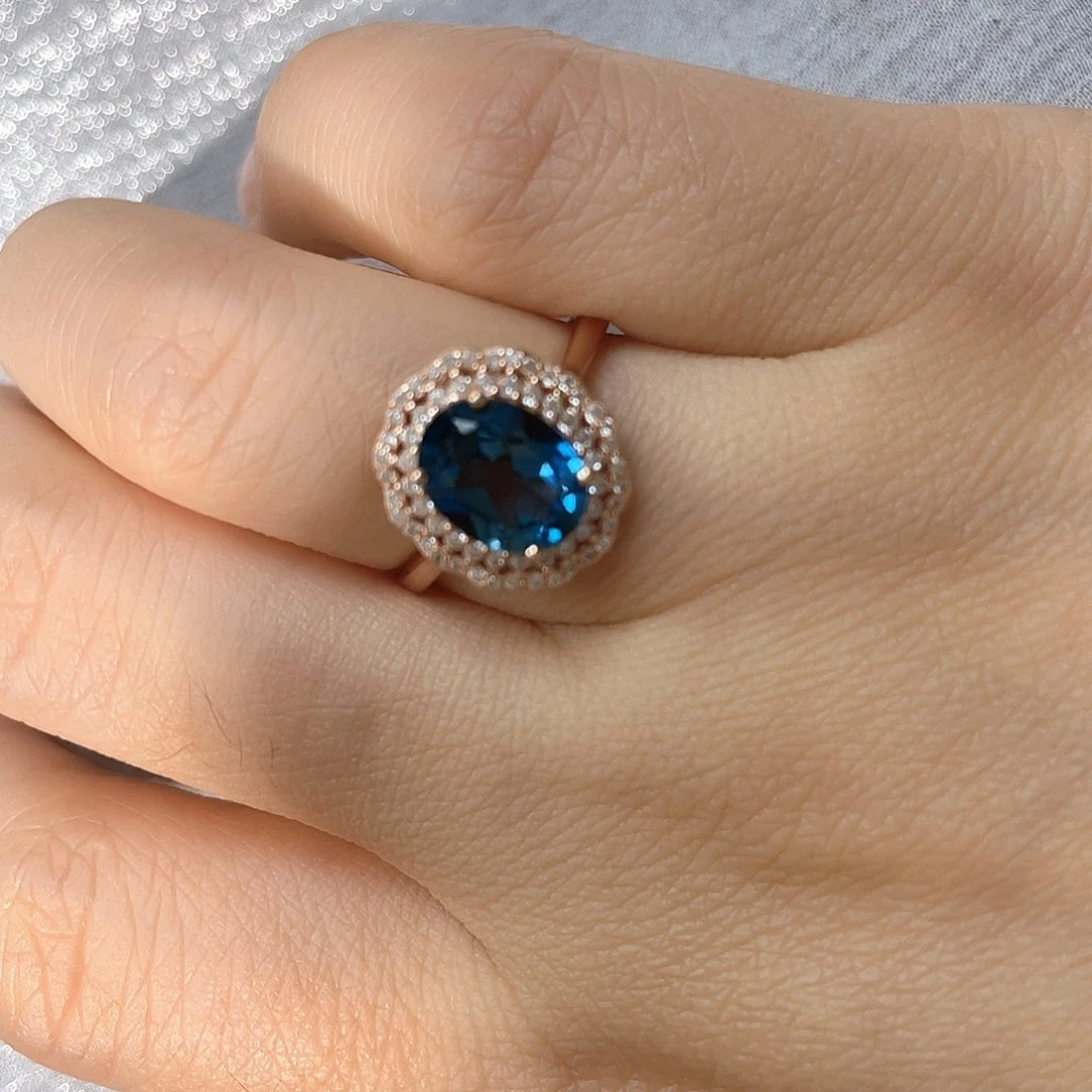 托帕石戒指银S925镶嵌双围镶钻重工款戒指