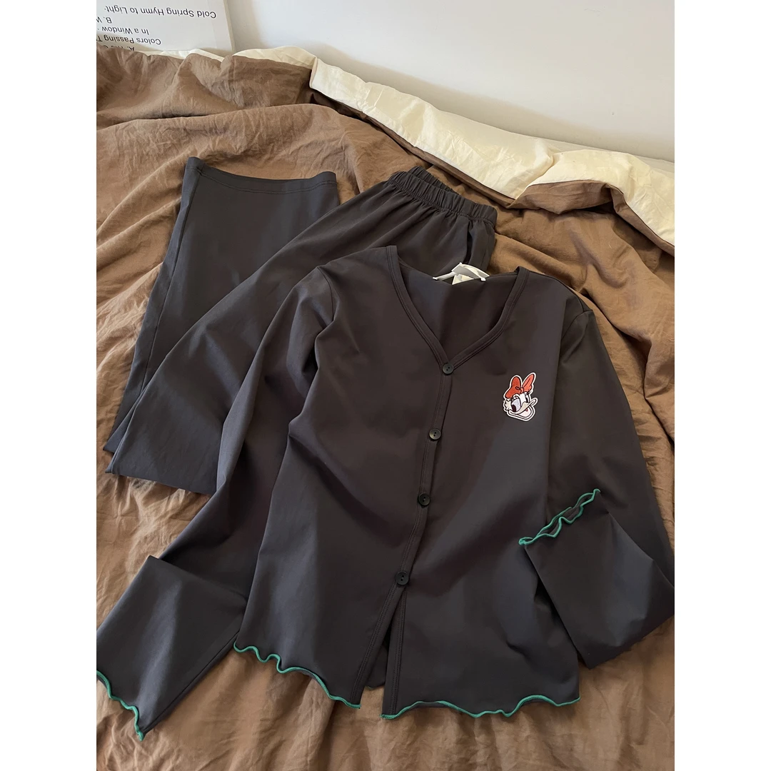 甜美可黛丝卡通爱撞色花边德绒保暖睡衣女秋季休闲印花可外穿套装