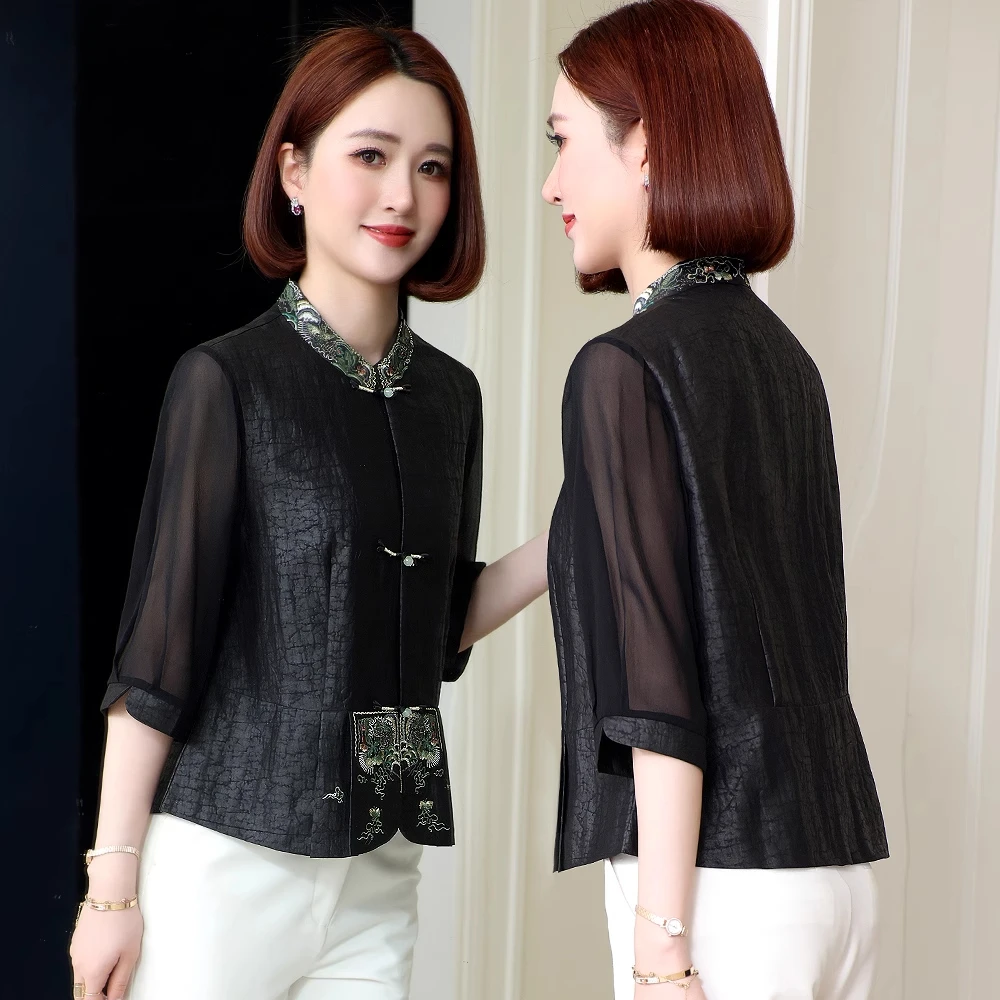 香云纱上衣女夏季新中式国风贵夫人妈妈真丝香云纱100%桑蚕丝衬衫