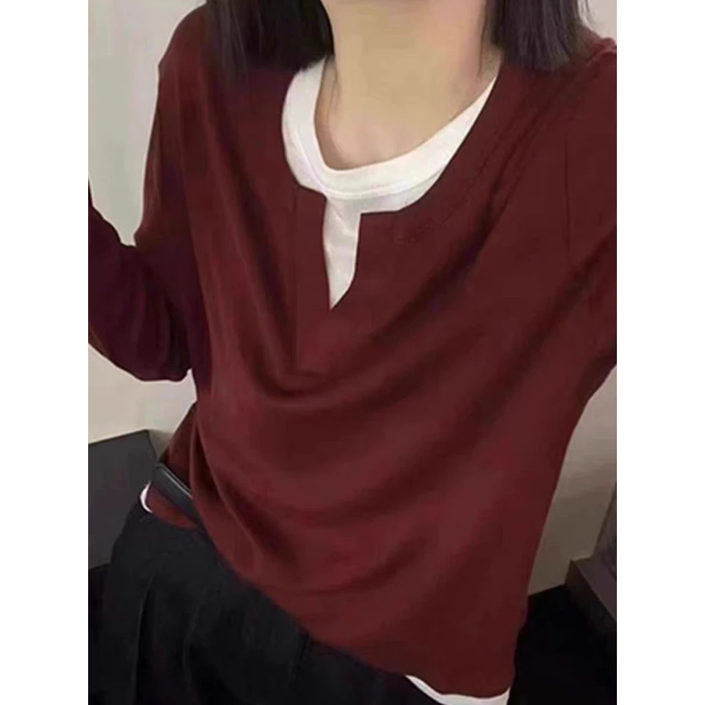 欧洲站设计感假两件长袖T恤洋气叠穿假两件百搭上衣女春秋上装