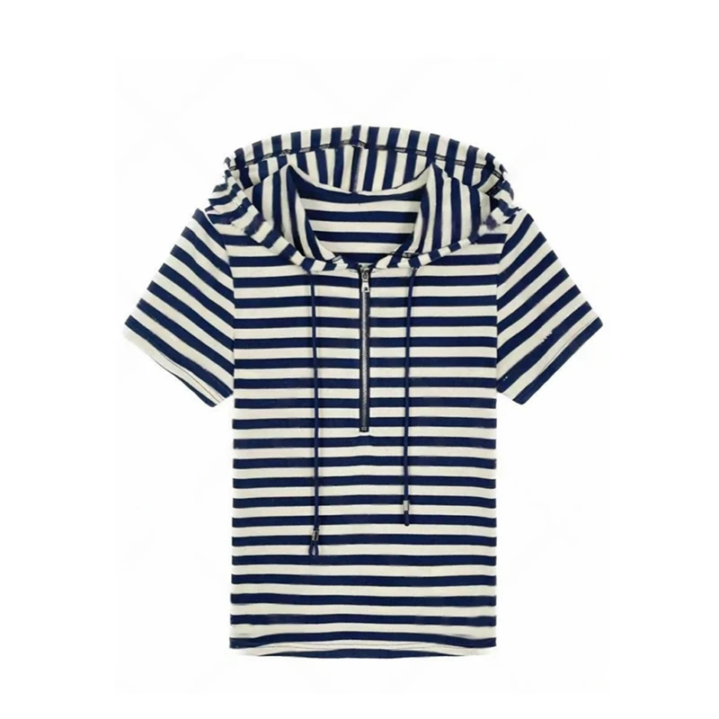 今年流行条纹短袖连帽衫T恤女夏季2025新款半拉链时尚高级感上衣
