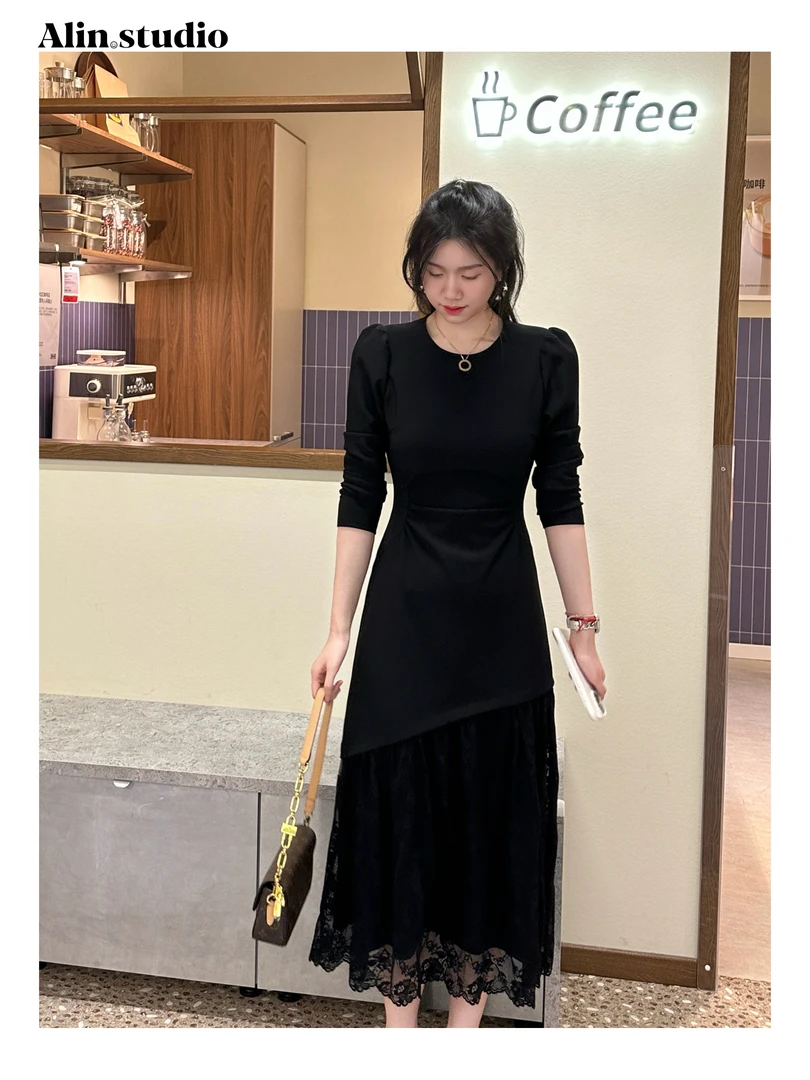 【Alin】黑夜面纱～法式气质时尚轻奢蕾丝边长袖收腰显瘦连衣裙