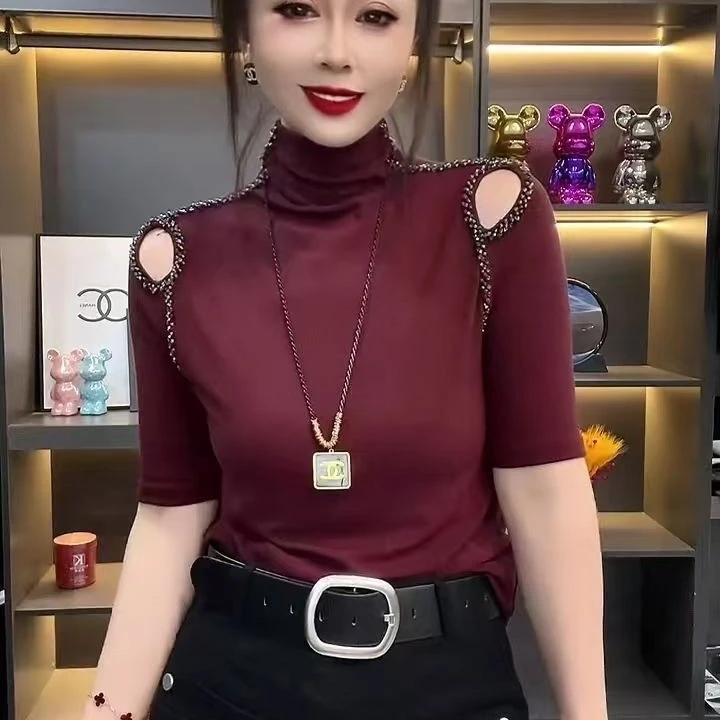 欧货半高领镂空露肩中袖T恤显瘦网红洋气时尚