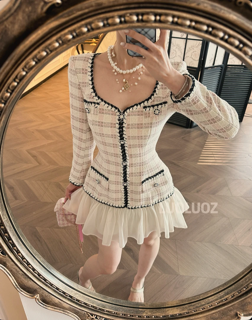 【现货】LUOLUOZ【入秋私语】气质拼接绝美时尚收腰短款连衣裙CC218